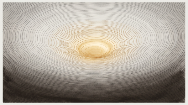 Geometric attractor field in warm field-note amber — dense convergence region surrounded by sparse scatter, like a self returned to.