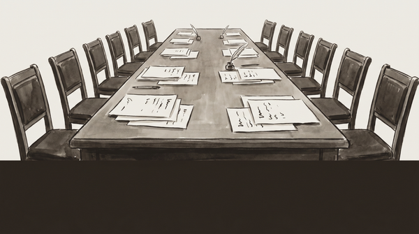 A negotiating table with two chairs and a single contract page — WGA ratified, the floor set for what comes next.