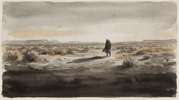 A western landscape at dusk — the violence already done, the figures still standing, no redemption arc in the composition.