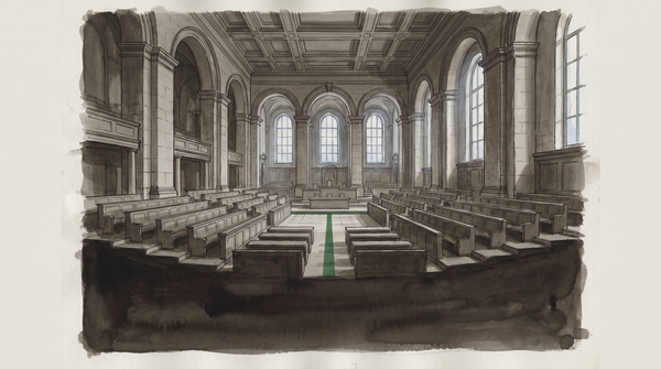 An institutional chamber, emptied — the geometry of a vote that changes the shape of what comes next.