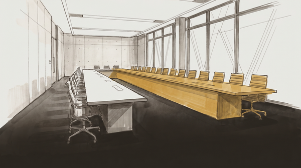 An empty negotiation room — one side of the table dwarfs the other, the asymmetry plain before anyone sits.