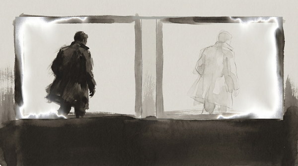 Two identical figures standing apart, one slightly blurred — the gap between a person and their image when the image runs on without them. Silver and pale grey, photographic tone.
