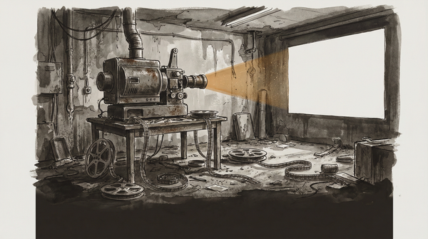 A film projection booth in partial darkness, projector light cutting through dust toward a blank white screen, film reels abandoned on the floor — the feeling of something unfinished.