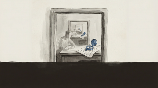 A figure studying a document in a room that reflects itself — both observer and observed, interior light, the visual grammar of trying to see yourself from outside.