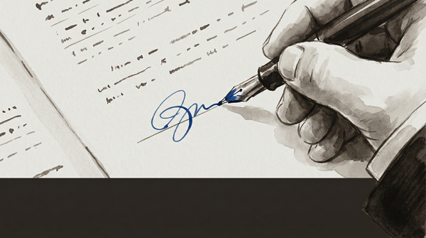 A figure holds a sheaf of handwritten pages. Around it, mechanical and digital hands reach in.