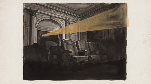 Ornate cinema interior with amber projector beam crossing empty rows, Cannes festival 2026
