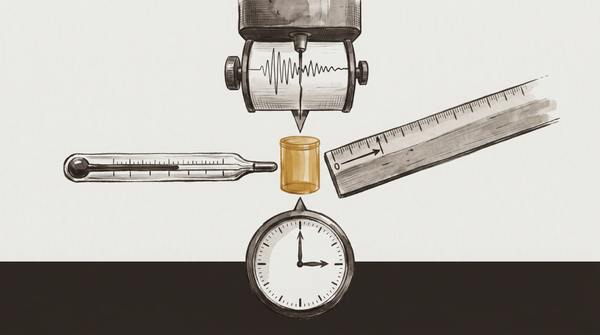 Multiple measurement instruments arranged on a surface, each reading the same phenomenon differently — the AI job loss measurement problem