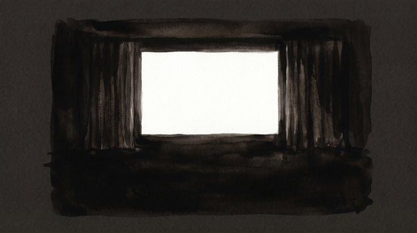 A film frame carefully cropped — the central figure present but the surrounding context excised, leaving image without full subject.