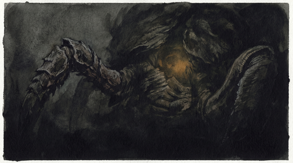 Dark, tactile composition suggesting presence without a face — motion implied through form, the register of non-human consciousness communicated through embodiment rather than expression.