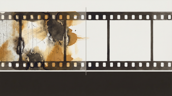 A film strip split between damaged original frames with grain and amber decay and AI-restored frames that are smooth and corrected — the before and after unresolved, neither winning.