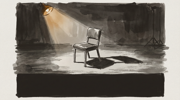 An empty documentary interview chair in tungsten amber light, the formal geometry of accountability journalism — a room built for reckoning, the subject's absence louder than their presence.