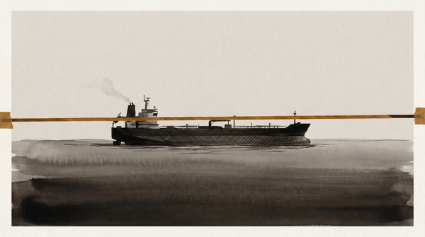 A tanker silhouette on open water, horizon interrupted by an amber chain — the physical form of economic constraint