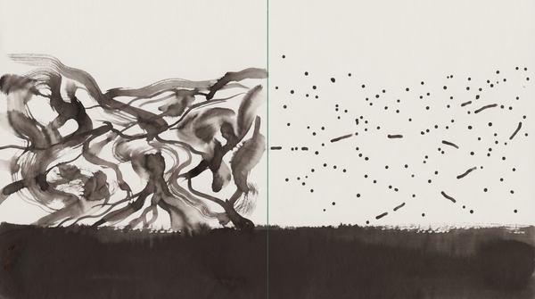 Abstract ink wash diptych showing dense brushstrokes dissolving into scattered data points, divided by a teal line — methodology as transformation
