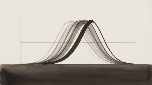 Overlapping probability distribution curves in ink wash style, with a red accent mark signaling an anomaly — a visual metaphor for market manipulation