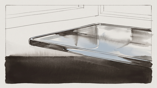 Watercolor and ink illustration of a smartphone with a reflective screen lying on a dark surface, in sepia, blue-gray, and cream tones with architectural details