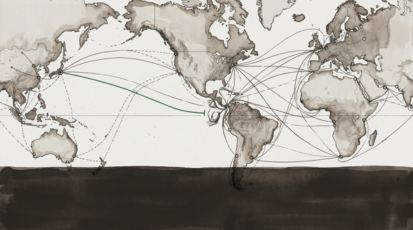 Sepia watercolor world map showing a global network of arc routes connecting cities across continents, with a highlighted green line across the Pacific