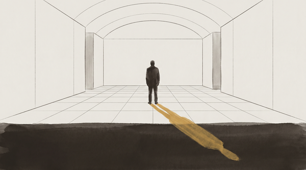 A lone figure stands in a cinematically precise but hollow environment — architecturally perfect, atmospherically absent, like a world assembled from averages of worlds.
