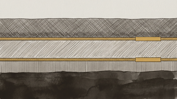 Three horizontal strata cross-section, archival-tape amber ruled borders between regimes — infrastructure weight accumulating below three simultaneous tariff shocks.