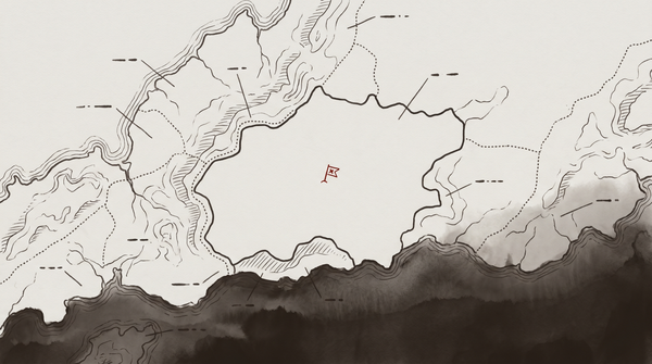 A cartographic map with an unlabeled interior region, a margin-flag red annotation mark where the name should appear