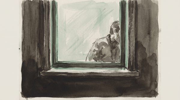 A figure studying a document in a room that reflects itself — both observer and observed, interior light, the visual grammar of trying to see yourself from outside.