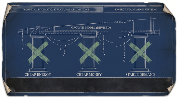 The assumptions of a growth model being crossed out one by one — the visual argument for a $600B buildout bet that is now being repriced against a recession baseline.