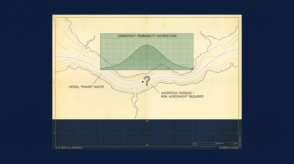 A shipping lane diagram where the transit route terminates at a question mark — the visual argument for a probability distribution that has shifted from disruption with a visible resolution p