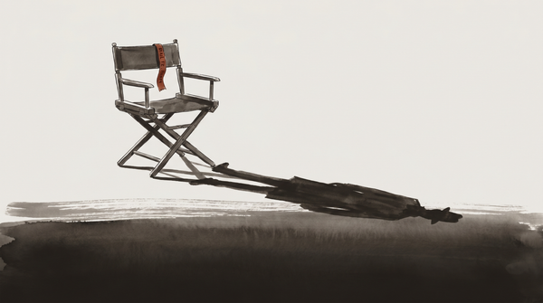 Watercolor illustration of an empty director's chair with a red sash, its shadow transforming into a human silhouette, in sepia tones