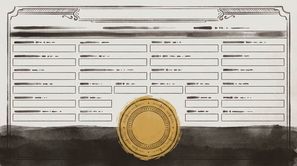 A formal compliance certificate with ornate border and official wax seal, its content fields filled with illegible smudged text, shadows rising to obscure the document.