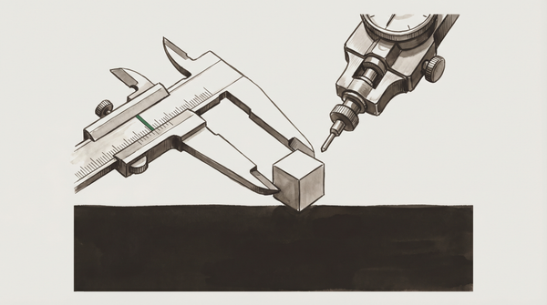 Two precision measuring instruments examine a single geometric cube at the threshold of darkness — a study in self-measurement.