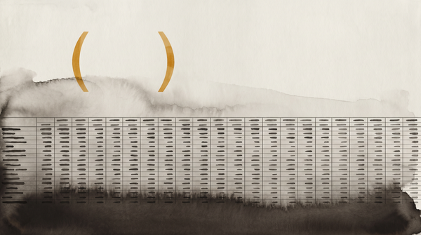 Two amber parentheses floating above a dense ruled data table — the punctuation of a hedge against evidence that will not cooperate