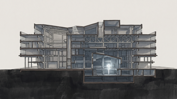 Architectural cross-section of a complex building with a single illuminated figure deep inside — interpretability as the act of finding the person in the infrastructure.