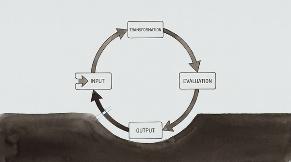 Abstract visualization of a recursive loop: a machine learning system examining its own architecture, schematic lines feeding back into themselves against a pale warm grey field