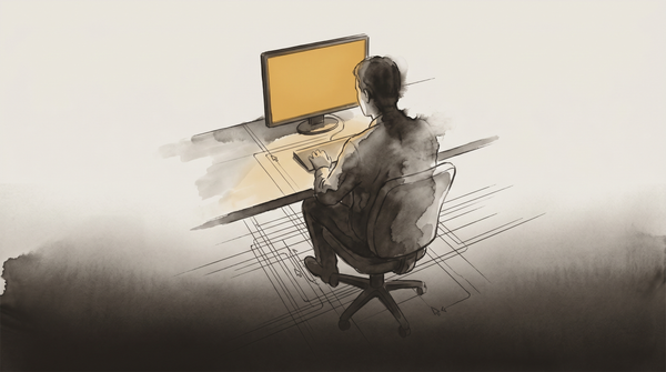 Editorial illustration: solitary figure at a glowing screen, ink wash and watercolor, amber and sepia tones. Contemplative, isolated.