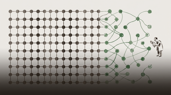Network diagram showing sparse distinct nodes amid dense identical mechanical nodes, with survey-marker green accent — the discursive layer within the transactional infrastructure