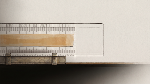 A ruler and timeline measure precisely on one side while the opposing column of a ledger remains blank — structure without governance.