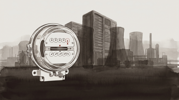 A residential electricity meter in close-up, with the distant glow of a data center visible behind it — the domestic and the industrial in the same frame, the extraction implicit.