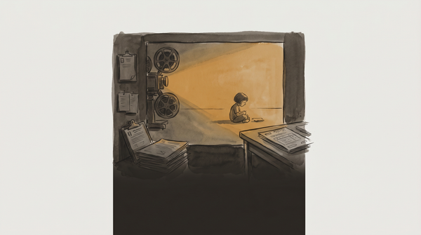 A formal Norwegian child welfare office interior, clinical and institutional, a manila folder open on a desk with handwritten notes visible, the bureaucratic apparatus of assessment mid-proce