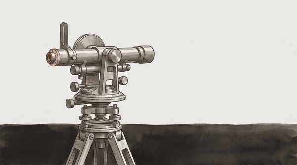 A surveyor's theodolite trained on empty sky, precise and purposeful, the measurement apparatus functioning perfectly against a subject that isn't there.