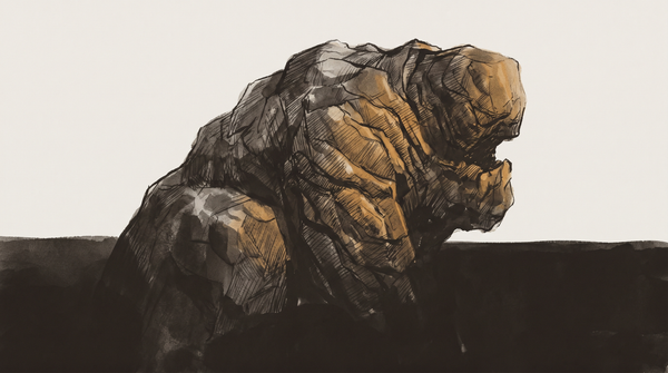 A stone-textured alien form in warm amber light — presence clearly non-human but rendered with dignity, ambiguous between strangeness and emotional accessibility.
