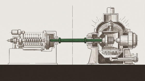 Two distinct mechanical systems connected by a shared conduit — one smooth and automated, one vast and consuming — rendered as an industrial section drawing in warm grey with a green accent.