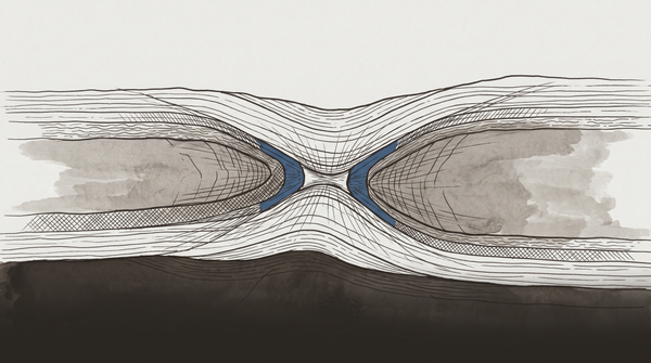A narrow bottleneck under extreme lateral pressure from two sides — geological cross-section showing structural strain, palette in warm grey with a single note of institutional blue.