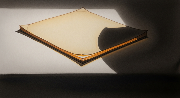 A thin aged document in a theatrical shaft of light against surrounding darkness, warm amber glow of old paper in near-total black
