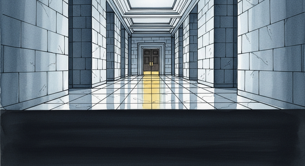 A long marble corridor in one-point perspective, stone columns receding toward a single closed door with warm golden light beneath it