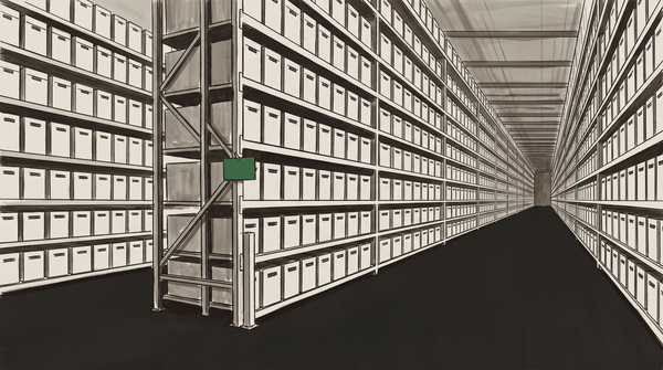 Infinite archive corridor with uniform storage boxes receding to a vanishing point — the warehouse scale of zero-marginal-cost AI music production, vast and unmanned.