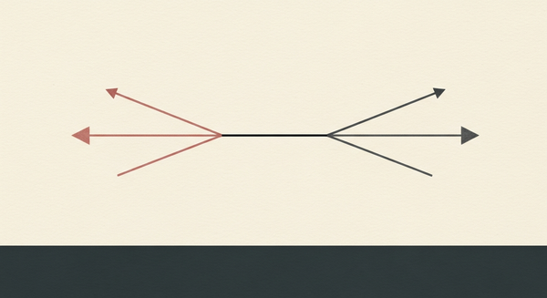 Two directional arrows — charcoal and red — separated by a diagonal cut against cream ground, constructivist poster aesthetic suggesting a turning point in economic direction