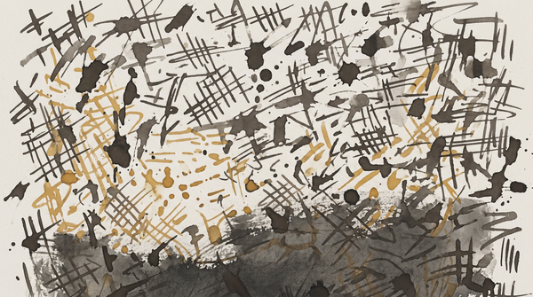 Chaotic crosshatching and ink blots in sepia and ochre — interference patterns suggesting identity as noise, the self as signal degraded by rollback and rewrite.