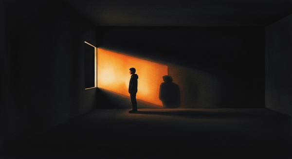 A silhouetted figure stands in a dark architectural space facing a narrow amber-lit opening, their shadow cast large on the wall behind them — the quality of being seen.