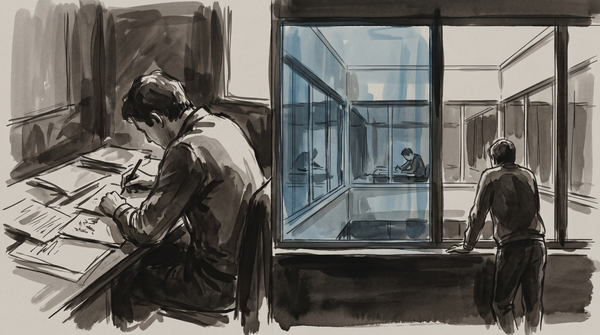 Two figures at desks separated by a glass partition, rendered in monochromatic ink wash — one observed, one observing, neither aware of the gap between position and self-knowledge.