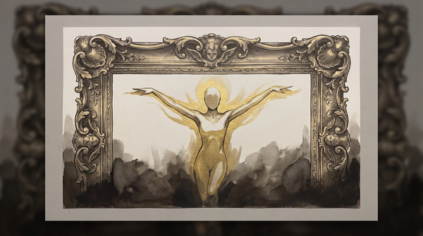 A featureless golden figure in a triumphant pose, enclosed in an ornate Baroque frame; dark shadows pool below but do not reach the luminous figure.