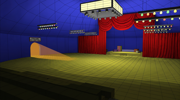 A cheerful entertainment environment containing something it wasn't designed for — the bright familiar aesthetic of digital circus life, and what it means to inhabit it without exit.